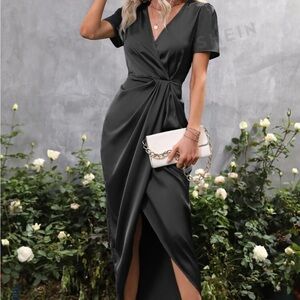 SHEIN Black Frenchy Satin Puff Sleeve Wrap Hem Dress